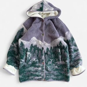 Vintage Basic Editions Fleece Hooded Jacket Forest Deer Cabin Woodland Green M